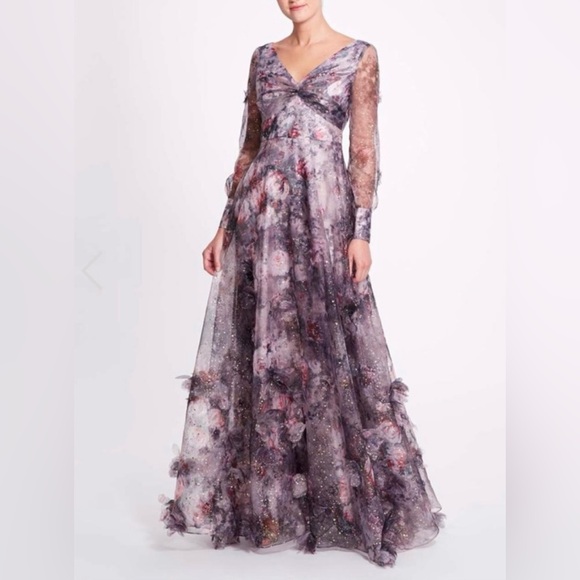 Marchesa Notte NEW Blouson Sleeve Foiled Floral Appliquéd 3D Organza Gown Sz 10 - Picture 7 of 16